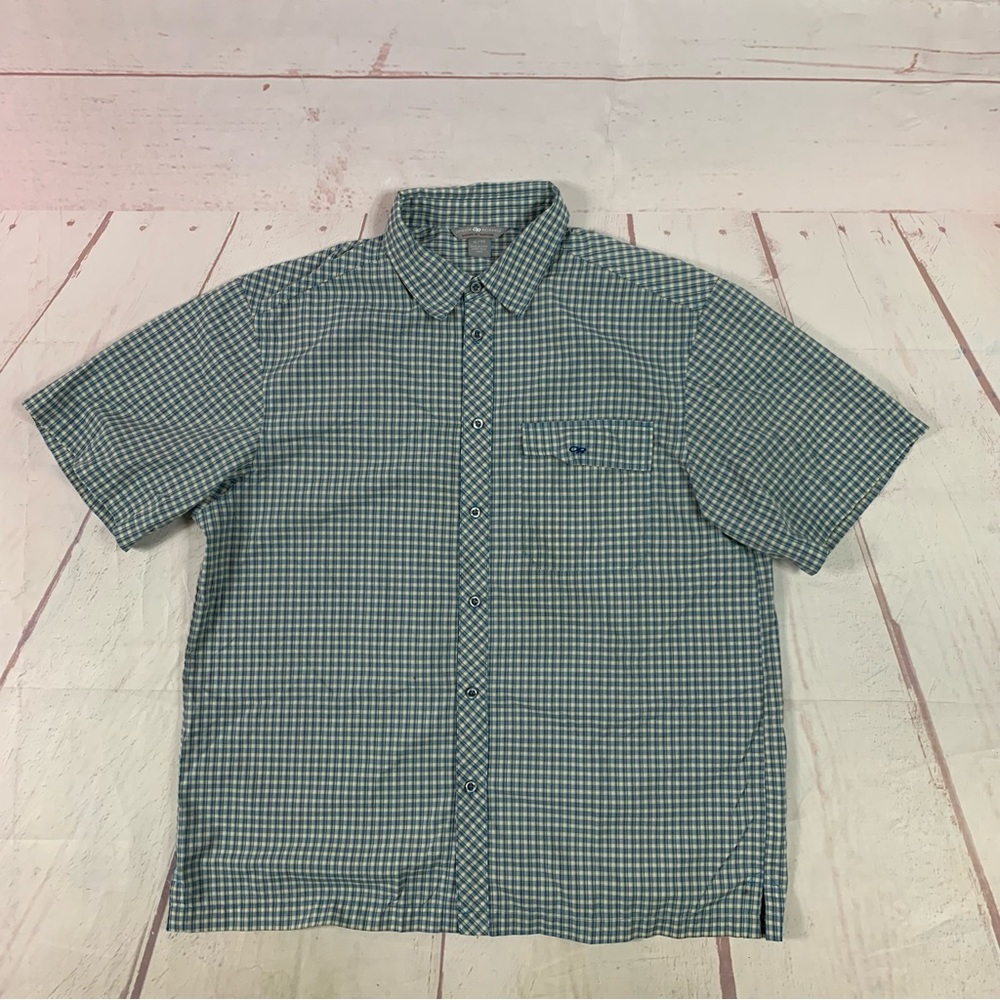 Outdoor Research Button Up Shirt Short Sleeve Mens Size XL Blue Plaid